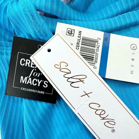 NWT Salt + Cove Ribbed Shirred Halter Tankini Swimsuit Top Cerulean Blue Size XL - Picture 7 of 9